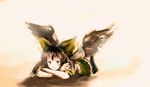  bad_id bad_pixiv_id black_eyes black_hair bow crossed_arms hair_bow hair_ribbon legs_up long_hair lying reiuji_utsuho ribbon solo touhou wings yae_(mono110) 