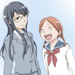  aoi_hana black_hair blush braid closed_eyes e-n glasses grey_eyes long_hair manjoume_fumi multiple_girls necktie okudaira_akira open_mouth school_uniform serafuku short_hair smile twin_braids twintails 