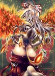  arm_up ass back bad_proportions barefoot blush bow feet fiery_wings fire from_behind fujiwara_no_mokou hair_bow hair_ribbon hand_on_hip huge_ass long_hair looking_back mayo_(inumayo) no_panties red_eyes ribbon silver_hair soles solo suspenders topless touhou undressing wings yellow_eyes 
