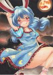  :q absurdres animal_ears ankle_socks blue_dress blue_hair bunny_ears cloud cloudy_sky dress full_moon highres kine long_hair looking_at_viewer low-tied_long_hair low_twintails marker_(medium) moon mountain puffy_short_sleeves puffy_sleeves red_eyes seiran_(touhou) short_sleeves sitting sitting_on_object sky solo tongue tongue_out touhou traditional_media twintails yuuki_chima 