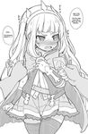  1girl blush cagliostro_(granblue_fantasy) cape condom condom_wrapper crown embarrassed fingerless_gloves gloves granblue_fantasy itou_life long_hair looking_away monochrome open_mouth skirt solo_focus thighhighs wrist_cuffs zettai_ryouiki 