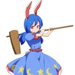  animal_ears blue_dress blue_hair bunny_ears bunny_tail cato_(monocatienus) commentary_request crescent dress kine looking_at_viewer low_twintails puffy_short_sleeves puffy_sleeves red_eyes seiran_(touhou) short_sleeves simple_background solo star tail touhou twintails white_background 