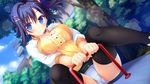  black_hair black_legwear blue_eyes blush dutch_angle game_cg goshogawara_yuuki hair_intakes hair_ornament hairclip highres k.y_ko looking_at_viewer panties pantyshot pantyshot_(sitting) sitting smile solo thighhighs tree underwear watashi_ga_suki_nara_&quot;suki&quot;_tte_itte! white_panties 