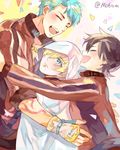  black_hair blonde_hair blue_eyes blue_hair blush closed_eyes hair_over_one_eye hood horikawa_kunihiro hug male_focus morning6am multiple_boys open_mouth smile touken_ranbu track_suit yamabushi_kunihiro yamanbagiri_kunihiro 