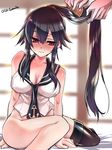  anchor_symbol artist_name bad_id bad_pixiv_id between_legs blush bottomless breasts brown_hair cleavage comb combing frown full-face_blush hand_between_legs hands kantai_collection large_breasts mismatched_legwear no_panties ponytail red_eyes school_uniform serafuku single_thighhigh sitting sleeveless thighhighs tokita_monta trembling yahagi_(kantai_collection) 