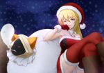  2girls arc_system_works artist_request bag blazblue blonde_hair boots breasts christmas dress giving_up_the_ghost gloves green_eyes hatlong_hair looking_at_viewer multiple_girls noel_vermillion open_mouth panties red_eyes santa_costume shiny shiny_hair short_dress smile taokaka tattoo thigh_boots thighhighs underwear 