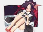  bed blue_hair curtains dragon_ball dragon_ball_(classic) dutch_angle hairband knees_to_chest lunch_(dragon_ball) maid panties pet_shop_jojo purple_eyes smile solo underwear 