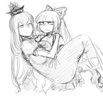  bow carrying fujiwara_no_mokou greyscale hair_bow hat kamishirasawa_keine long_hair monochrome multiple_girls princess_carry sketch space_jin touhou yuri 