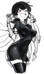  black_hair breasts covered_nipples dress greyscale houjuu_nue laughing medium_breasts monochrome pose red_eyes short_dress solo space_jin spot_color thighhighs touhou zettai_ryouiki 