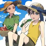  arm_support basket blue_sky brown_hair carrying cloud cucumber dated day eating fudou_akio hairlocs hat inazuma_eleven inazuma_eleven_(series) kidou_yuuto male_focus multiple_boys open_mouth outdoors saku_anna sitting sky sun_hat tomato 