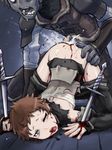  1girl bandage blood breasts brown_hair cum dagger forced gradient gradient_background hair_grab helpless messy_hair momo_tai monster ninya open_mouth overlord_(maruyama) peter_mork rape sex small_breasts stabbed tears torn_clothes virgin weapon zombie 