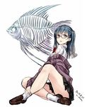  blue_hair bow dated long_hair looking_at_viewer nabeshima_tetsuhiro original purple_eyes school_uniform serafuku skeleton solo sweater tongue tongue_out twitter_username two_side_up upskirt wet wet_clothes white_background 