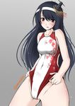  8000 adjusting_clothes adjusting_swimsuit black_hair competition_swimsuit fusou_(kantai_collection) kantai_collection long_hair one-piece_swimsuit red_eyes swimsuit 