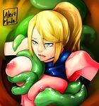  alert_mode alertmode blonde_hair blue_eyes breasts lips metroid nipples ponytail samus_aran shirt_lift tentacle 