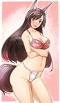  animal_ears blush bra breast_hold breasts brown_hair commentary_request fang fundoshi imaizumi_kagerou japanese_clothes large_breasts long_hair looking_at_viewer navel open_mouth red_bra red_eyes smile solo tail touhou underwear wolf_ears wolf_tail yohane 