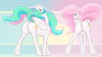  2015 anatomically_correct anatomically_correct_pussy animal_genitalia anus arareroll butt clitoris cutie_mark dock duo equine equine_pussy fan_character female feral friendship_is_magic hair hi_res horn looking_at_viewer looking_back mammal multicolored_hair my_little_pony pink_hair princess_celestia_(mlp) princess_molestia pussy rear_view smile teats winged_unicorn wings 