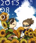  blue_sky brown_hair cloud dated day flower fudou_akio goggles hairlocs inazuma_eleven inazuma_eleven_(series) kidou_yuuto male_focus multicolored_hair multiple_boys one_eye_closed outdoors saku_anna sky sunflower two-tone_hair white_hair 