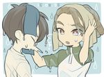  brown_hair closed_eyes dated fudou_akio hairlocs inazuma_eleven inazuma_eleven_(series) kidou_yuuto male_focus multiple_boys open_mouth saku_anna simple_background sneezing towel upper_body water_drop wet younger 