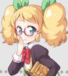  aikatsu! aikatsu!_(series) bag blonde_hair blue_eyes bow chewing doughnut eating food food_on_face glasses grey_background hair_bow hair_ribbon hand_on_own_face looking_at_viewer paper_bag ribbon saegusa_kii simple_background smile solo star tokunou_shoutarou twintails 