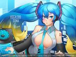  bare_shoulders blonde_hair blue_eyes blue_hair blush breasts center_opening cleavage cosplay detached_sleeves gradient_hair hatsune_miku hatsune_miku_(cosplay) headphones headset k_jin large_breasts league_of_legends long_hair looking_at_viewer multicolored_hair necktie open_mouth skirt solo sona_buvelle twintails very_long_hair vocaloid 