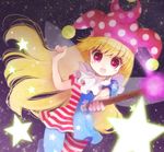  american_flag_dress american_flag_legwear biyon blonde_hair clownpiece fairy_wings hat jester_cap long_hair looking_at_viewer open_mouth pantyhose pink_eyes smile solo star torch touhou very_long_hair wings 