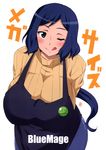  1girl aoi_manabu apron arms_behind_back blue_hair blush breasts curvy green_eyes gundam gundam_build_fighters highres huge_breasts iori_rinko legs long_hair looking_at_viewer milf naughty_face ponytail simple_background smile solo standing sweater thighs turtleneck wink 