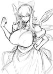  bow breasts cirno clenched_hand covered_nipples greyscale hair_bow hand_on_hip huge_breasts ice ice_wings long_hair monochrome older sketch solo space_jin touhou tsurime wings 