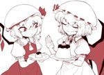  bat_wings dress fang flandre_scarlet food hat multiple_girls pudding puffy_short_sleeves puffy_sleeves pun red remilia_scarlet short_hair short_sleeves siblings sisters size_difference smile space_jin spot_color touhou wings 