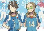  brown_hair cape closed_eyes dated dual_persona from_behind fudou_akio goggles hairlocs inazuma_eleven inazuma_eleven_(series) inazuma_eleven_go inazuma_eleven_go_vs_danball_senki_w inazuma_japan inazuma_legend_japan kidou_yuuto long_hair male_focus multiple_boys older red_cape saku_anna shirt_removed soccer_uniform sportswear uniform_number 