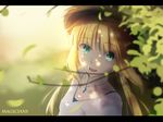  aqua_eyes artoria_pendragon_(all) bad_id bad_pixiv_id blonde_hair bush dappled_sunlight fate/stay_night fate_(series) gem hat jewelry letterboxed looking_at_viewer looking_up magicians_(zhkahogigzkh) nature necklace saber sapphire_(stone) shade shirt solo straw_hat sunlight white_shirt 