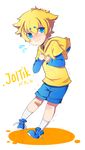  blonde_hair blue_eyes blush character_name gen_5_pokemon hood hoodie joltik male_focus nyeh personification pokemon pokemon_(game) pokemon_bw shaking shorts solo tears 