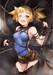  arm_strap bare_shoulders belt blonde_hair blue_eyes bodysuit breasts covered_navel covered_nipples fingerless_gloves gloves goggles goggles_on_head granblue_fantasy medium_breasts one_eye_closed open_mouth pengy_(granblue_fantasy) pyz_(cath_x_tech) solo sweat 
