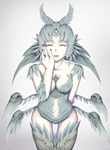  breasts claws cleavage closed_eyes feathered_wings feathers final_fantasy final_fantasy_xiv garuda gradient gradient_background green_hair highres medium_breasts monster_girl pale_skin pet_shop_jojo solo thighhighs wings zettai_ryouiki 