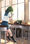  1girl ahoge cellphone closed_eyes desk genderswap genderswap_(ftm) green_hair gumi gumiya kneehighs leaning phone pleated_skirt sailor_collar school school_desk school_uniform shoes skirt sleeping smartphone taking_picture tsuruki_noki uwabaki vocaloid 