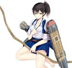  arrow barefoot black_hair blush bow_(weapon) breasts cleavage flight_deck hair_between_eyes japanese_clothes kaga_(kantai_collection) kantai_collection looking_at_viewer medium_breasts nabeshima_tetsuhiro short_hair side_ponytail simple_background skirt solo weapon white_background yellow_eyes 