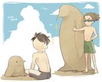  2boys bird blue_sky brown_hair cloud dated day fudou_akio goggles hairlocs inazuma_eleven inazuma_eleven_(series) kidou_yuuto male_focus multiple_boys open_mouth outdoors penguin saku_anna sand sand_sculpture shirtless shorts simple_background sitting sky smile sparkle standing 