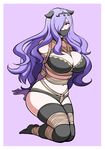  1girl arms_behind_back bdsm between_breasts blush bondage bound breasts camilla_(fire_emblem_if) female fire_emblem fire_emblem_if full_body gag jam-orbital kneeling large_breasts long_hair looking_at_viewer navel purple_hair red_eyes simple_background solo thighhighs 