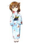  alternate_costume bell_(oppore_coppore) brown_eyes brown_hair candy_apple folded_ponytail food highres inazuma_(kantai_collection) japanese_clothes jewelry kantai_collection kimono long_hair ring smile solo wedding_band yukata 