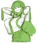  armpits breasts commentary_request covered_nipples cowboy_shot cropped_legs green grin hair_ornament hands_in_hair huge_breasts kochiya_sanae long_hair no_bra sideboob sketch smile smug snake_hair_ornament solo space_jin touhou very_long_hair 