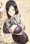  1girl absurdres animal bare_shoulders black_eyes black_hair blush breast_hold breasts cat cleavage crossed_arms curvy dress erect_nipples flower highres huge_breasts legs long_hair looking_at_viewer navel orico original see-through simple_background standing tail thighs translation_request 