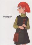 1girl azumanga_daiou dress english mihama_chiyo open_mouth purse red_hair ribbed_sweater short_twintails simple_background solo standing text turtleneck twintails white_background 