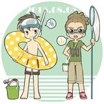  2boys binoculars brown_hair bucket butterfly_net dated diving_mask diving_mask_on_head fudou_akio full_body green_eyes hairlocs hand_net hand_on_hip inazuma_eleven inazuma_eleven_(series) innertube kidou_yuuto male_focus multiple_boys open_mouth saku_anna shirtless shoes simple_background snorkel speech_bubble standing translated transparent 
