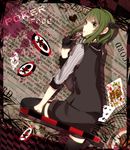  bangs black_gloves black_legwear card cardigan checkered club_(shape) diamond_(shape) english facial_mark from_side garter_straps gloves green_eyes green_hair gumi hair_ornament half_gloves heart highres hiiro holding king_(playing_card) kneeling light_smile looking_at_viewer looking_back newspaper pinstripe_pattern playing_card poker_chip poker_face_(vocaloid) shorts sidelocks skull_and_crossbones smile solo song_name spikes striped text_focus thighhighs vest vocaloid 