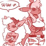  anthro belt black_sclera breasts cinnamon_swirl clothed clothing crossed_arms dialogue duo eeveelution english_text facial_piercing female flareon flat_chested hair headband labret licorice_swirl lip_piercing long_hair monochrome nintendo pcaduck piercing pok&eacute;mon shirt shorts sibling simple_background sisters snakebite_piercing speech_bubble tank_top text torn_clothing umbreon video_games white_background 