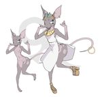  ankh anthro big_ears breasts claws clothed clothing crown ear_piercing egyptian eyelashes fangs feline female mammal nipple_piercing nipples nude panties piercing platform_shoes pussy simple_background slit_pupils solo sphynx tyrranaxh underwear whiskers white_background wide_hips 