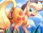  2015 animal_genitalia anus applejack_(mlp) blonde_hair blush butt clitoris cloud colored cowboy_hat cutie_mark dock duo earth_pony english_text equine equine_pussy eyes_closed female female/female feral friendship_is_magic grass green_eyes hair hat hi_res horse long_hair looking_back low-angle_shot mammal micro my_little_pony open_mouth outside pink_hair pinkie_pie_(mlp) pony puffy_anus pussy pussy_juice raised_tail sugahbite text tongue 