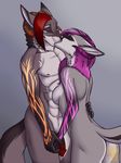  2015 abs anthro blue_background breasts butt canine couple demon duo eyes_closed female firefoxinc fox fur grey_fur hair hand_holding hand_on_back horn hybrid kissing male male/female mammal nateday nude pecs penis purple_hair red_eyes red_hair side_boob simple_background toned watermark 