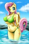  2015 anthro anthrofied bikini clothing cloud cutie_mark d-lowell equine feathered_wings feathers female fluttershy_(mlp) friendship_is_magic hair long_hair looking_at_viewer mammal my_little_pony navel outside pegasus pink_hair solo swimsuit water wings yellow_skin 
