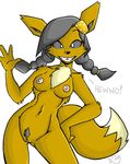  2009 anthro areola black_hair black_sclera braided_hair brown_fur chest_tuft eevee female fur hair hair_ornament hand_on_hip mocha_swirl nintendo nipples nude pcaduck pok&eacute;mon pubes pussy simple_background solo standing teeth_gap tuft video_games waving white_background 