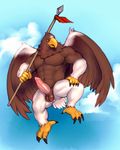  2015 abs anthro avian balls biceps big_penis bird brown_feathers claws eagle erection feathers flying iceman1984 male melee_weapon muscular navel nude orion_(tabra) pecs penis polearm quads solo spear talons two_tone_feathers weapon white_feathers wings 
